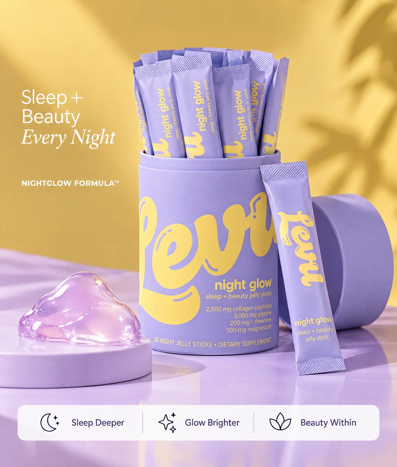 Levu Night Glow tube with jelly sticks: Sleep Deeper, Glow Brighter, Beauty Within